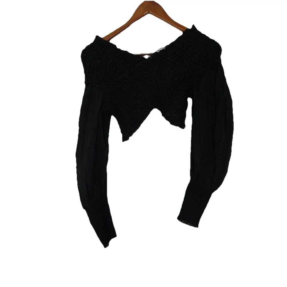 Zara Women's Medium Black Textured Stretchy Criss Cross Long Sleeve Top Blouse